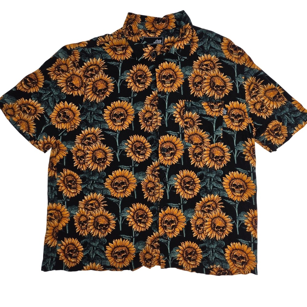 Lost Mens Sunflower Skull Print Short Sleeve Viscose Button Down Shirt Black XL